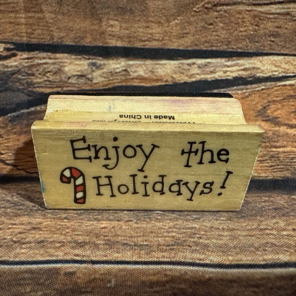 Vintage 1998 Christmas Rubber Stamp Enjoy the Holidays Candy Cane Wood Mounted